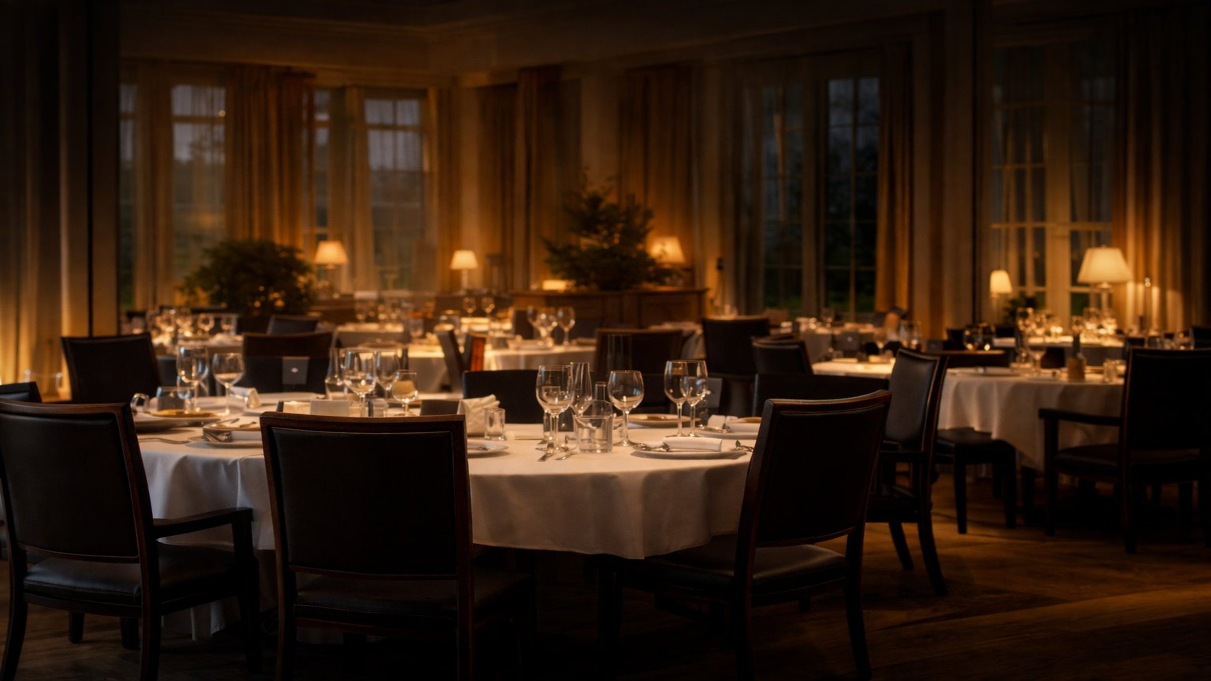 Elegant clubhouse dining room at evening