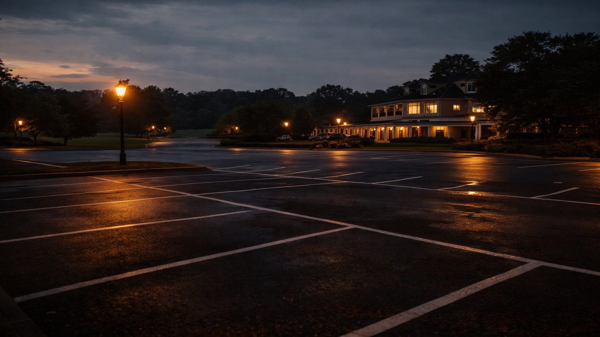 Empty clubhouse parking lot at dusk