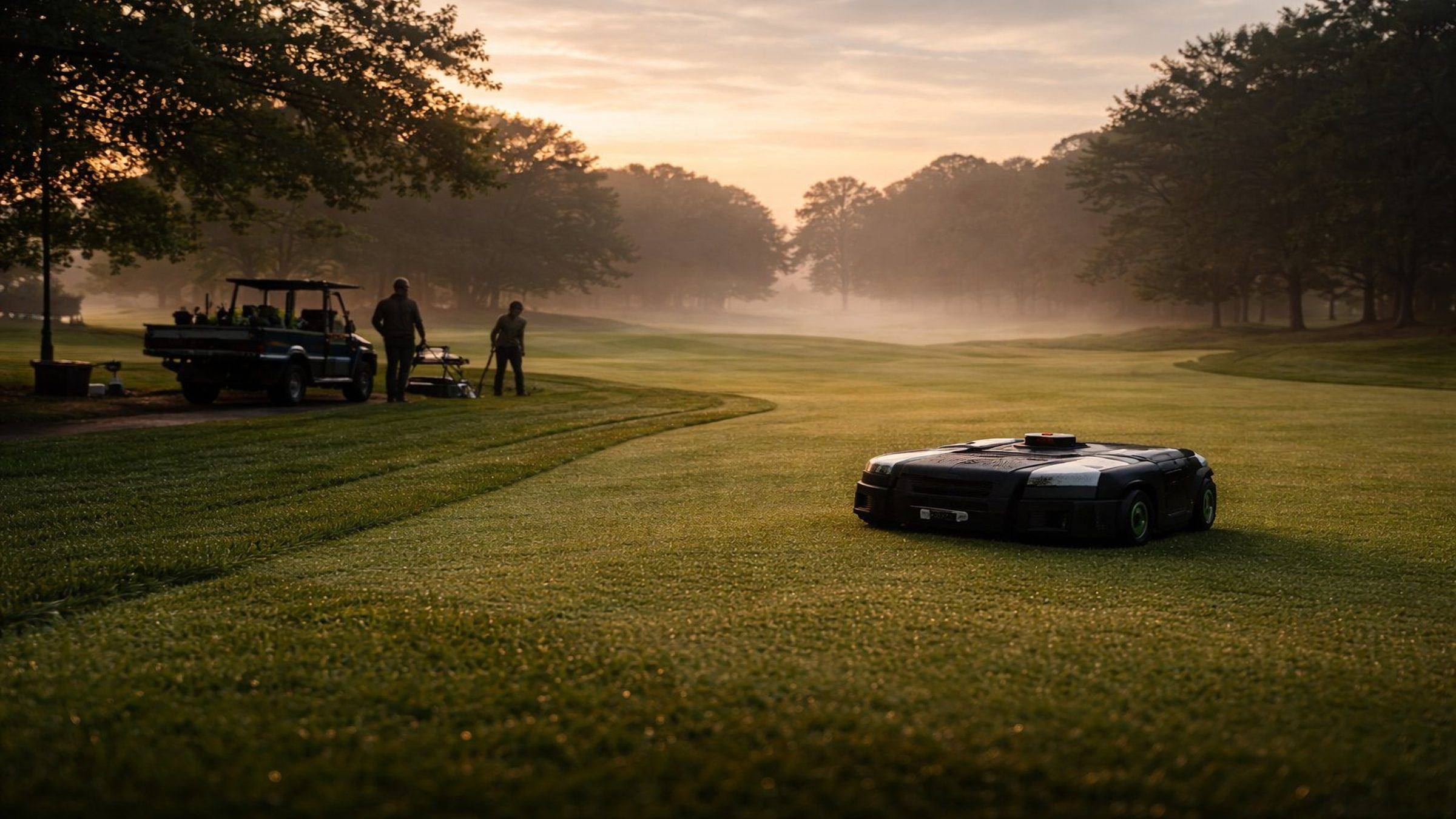 Autonomous mower on golf course fairway at dawn