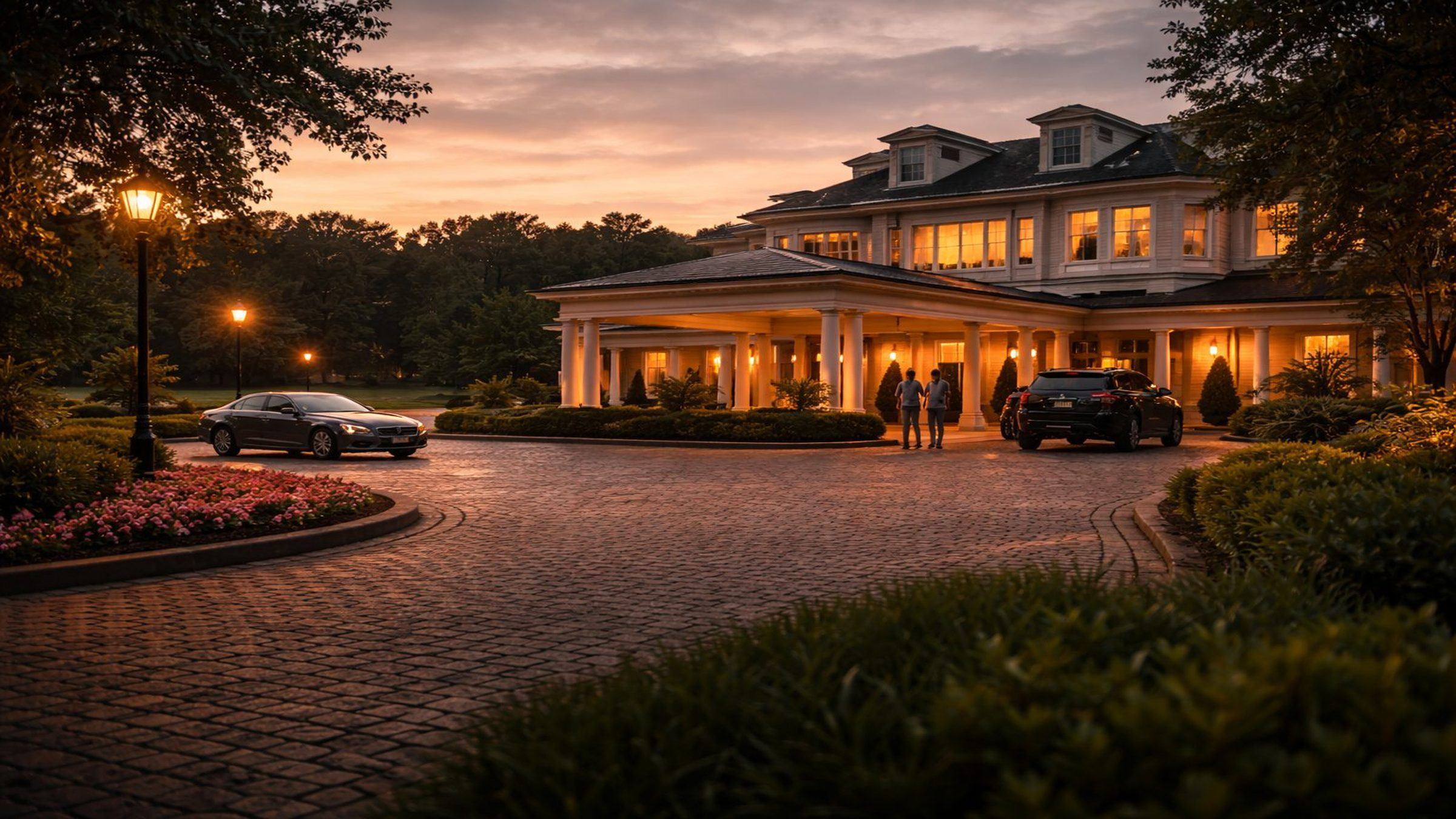 Country club entrance and circular driveway at sunset