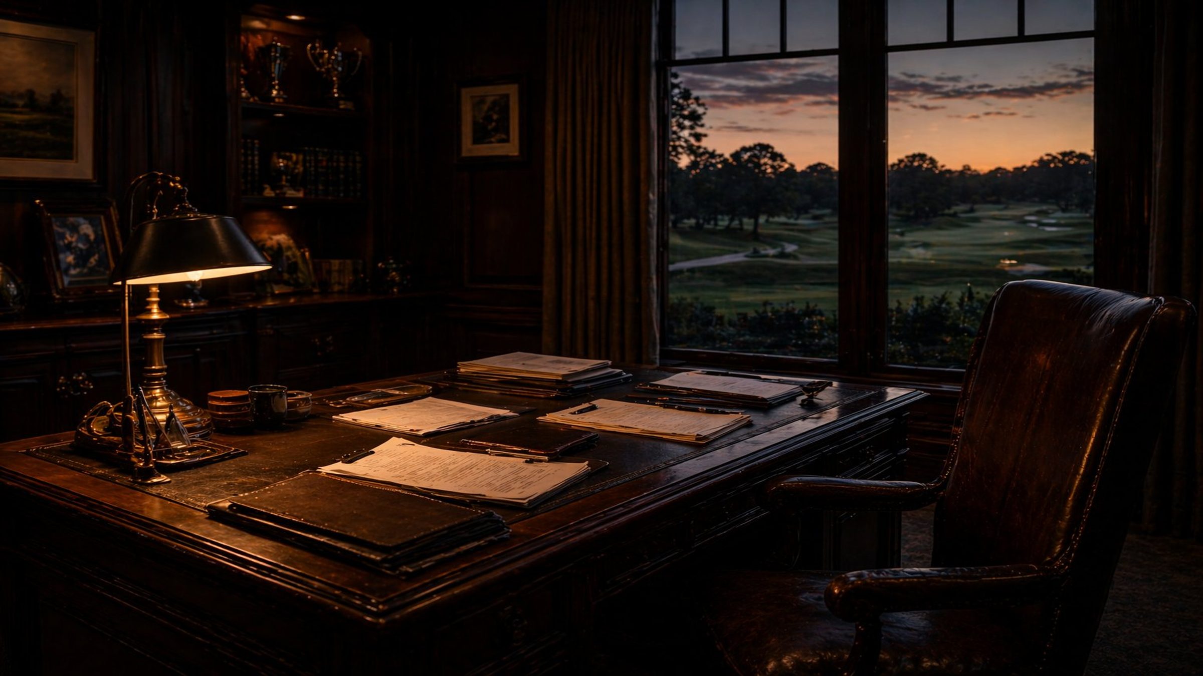 GM office overlooking golf course at dusk