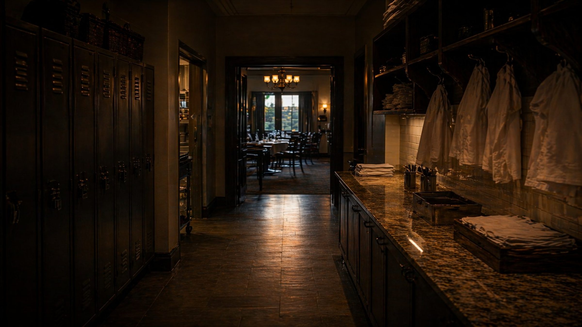 Private club back-of-house corridor at dawn